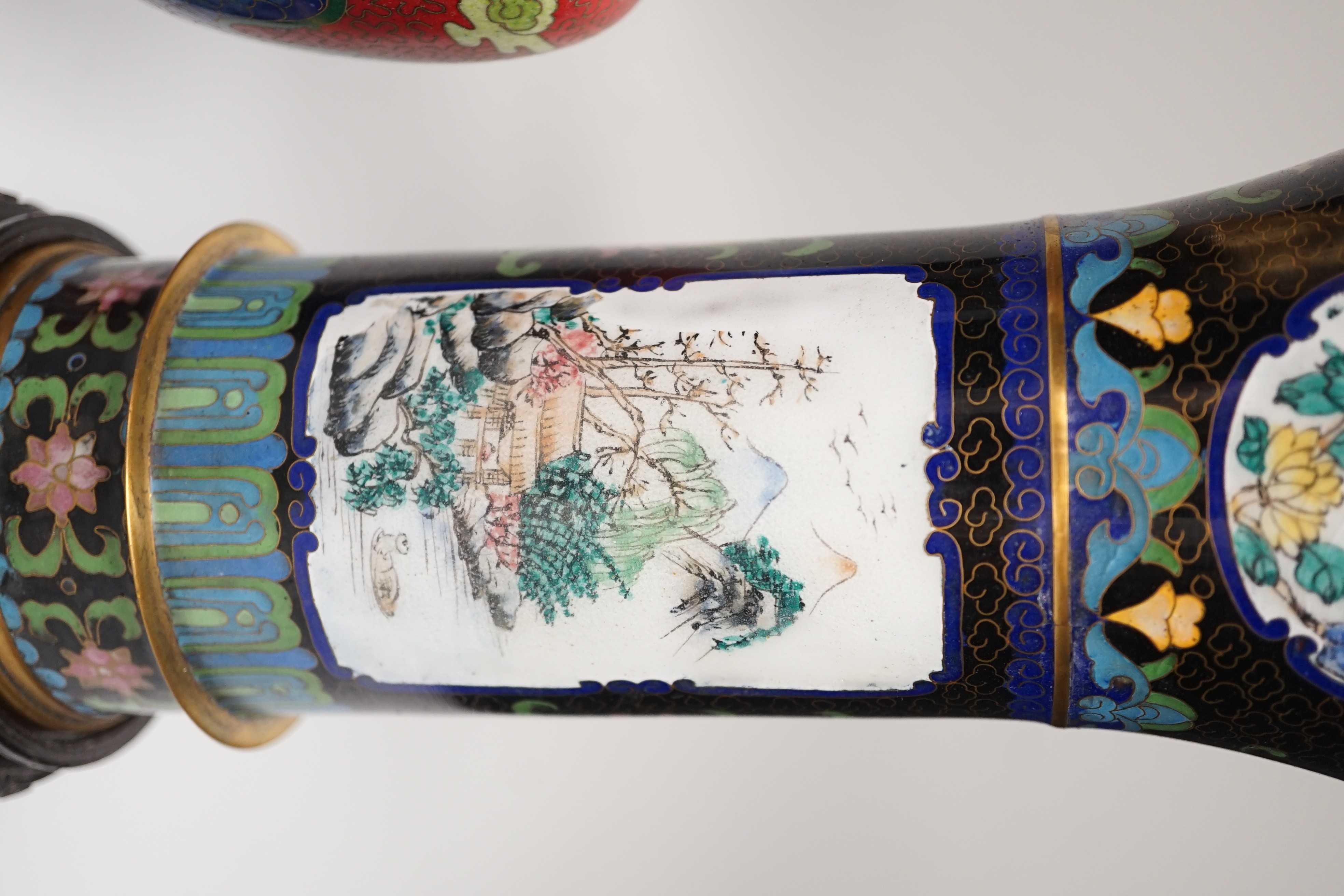 A pair of Chinese cloisonné enamel beaker vases and a dragon vase, pair of vases 27cm